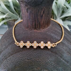 Women's Fashion Slide Bead Adjustable Flower Bracelet Gold Tone Cubic Zirconia
